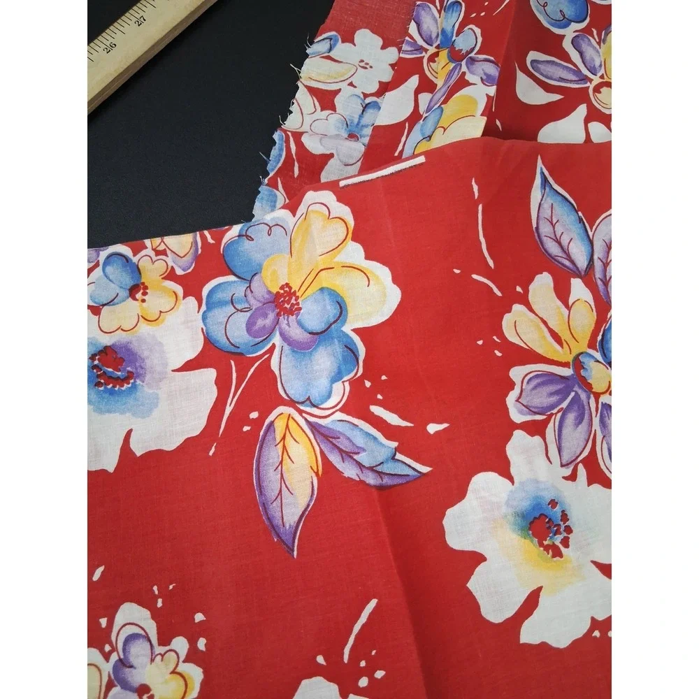 Vintage Ameritex Fabric Red w/ Blue White Florals Cotton Fabric MCM 54 Inches